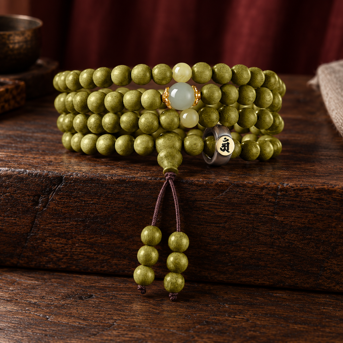 Green wood mala, 8 mm, Horse Symbol