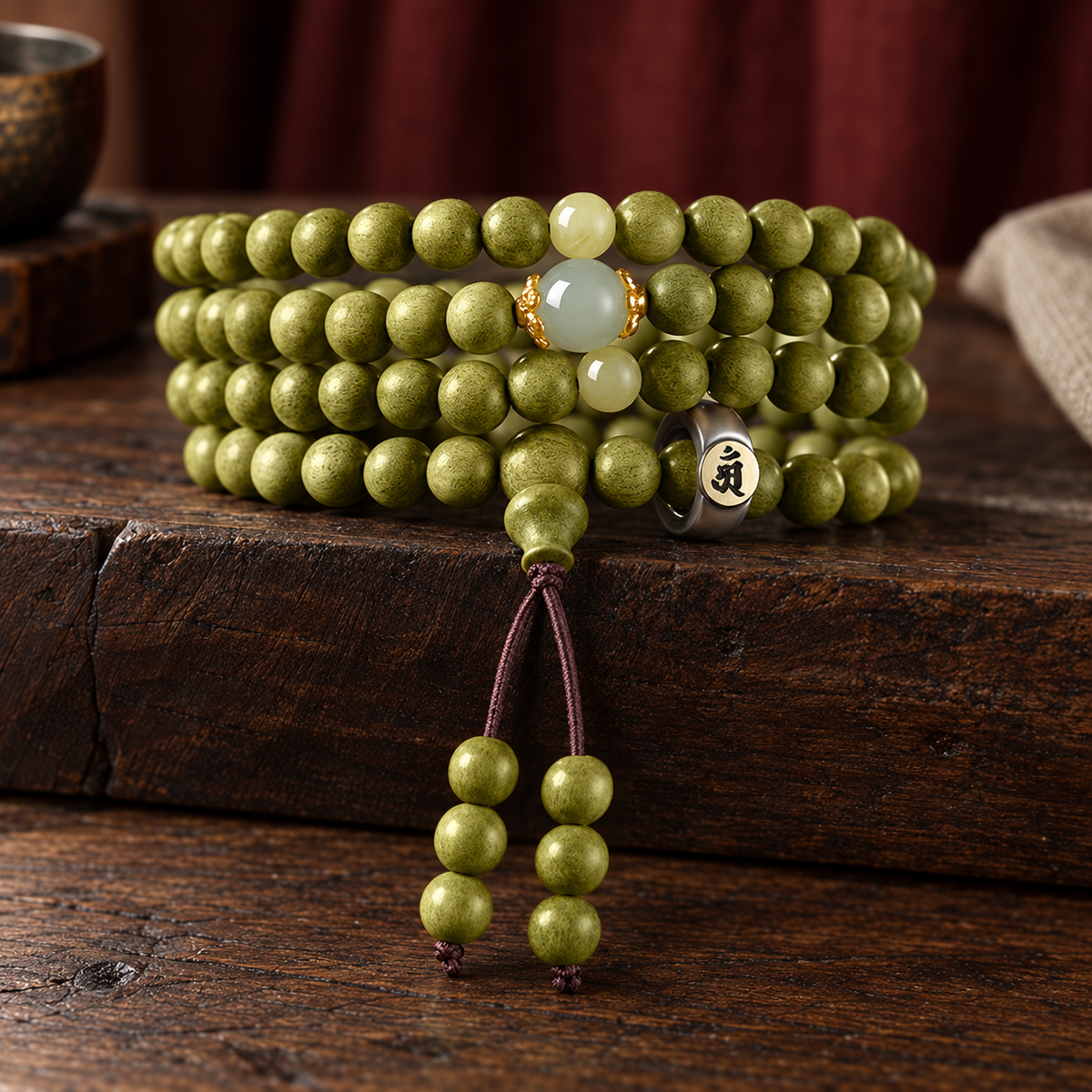 Green wood mala, 8 mm, Rabbit Symbol