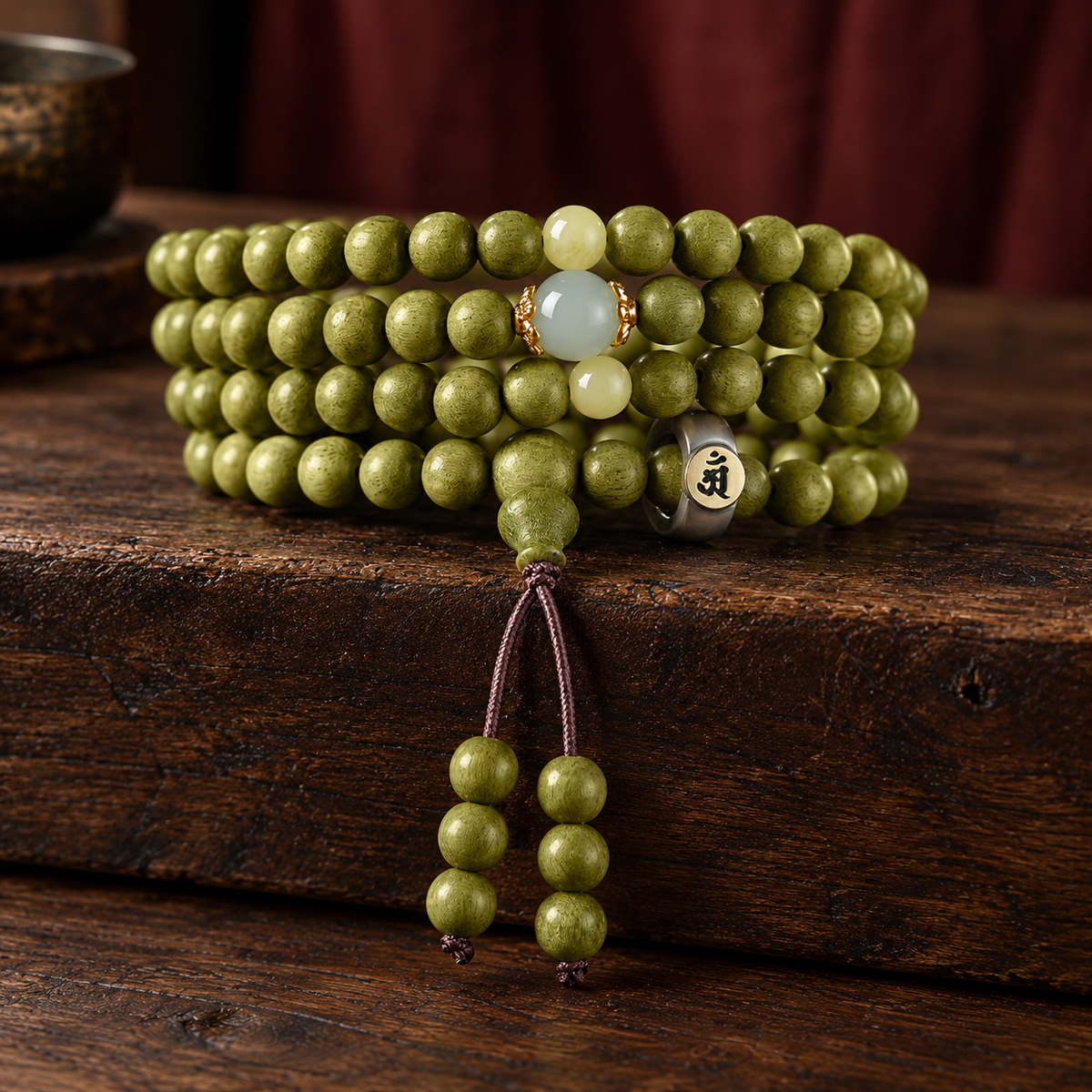 Green wood mala, 8 mm, Dragon & Snake Symbol