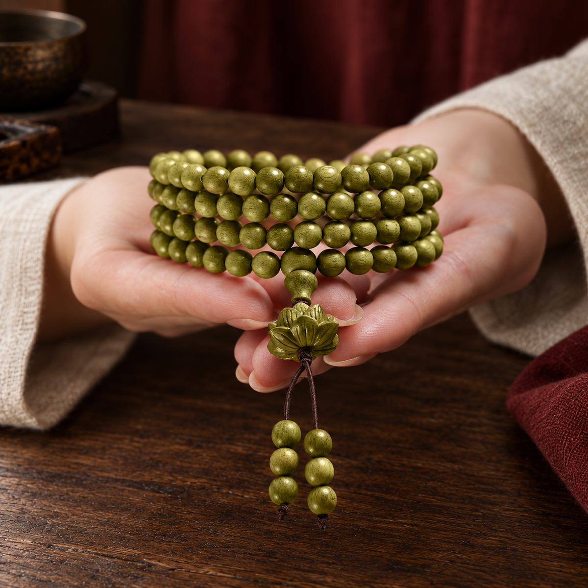 Lotus mala held in hands