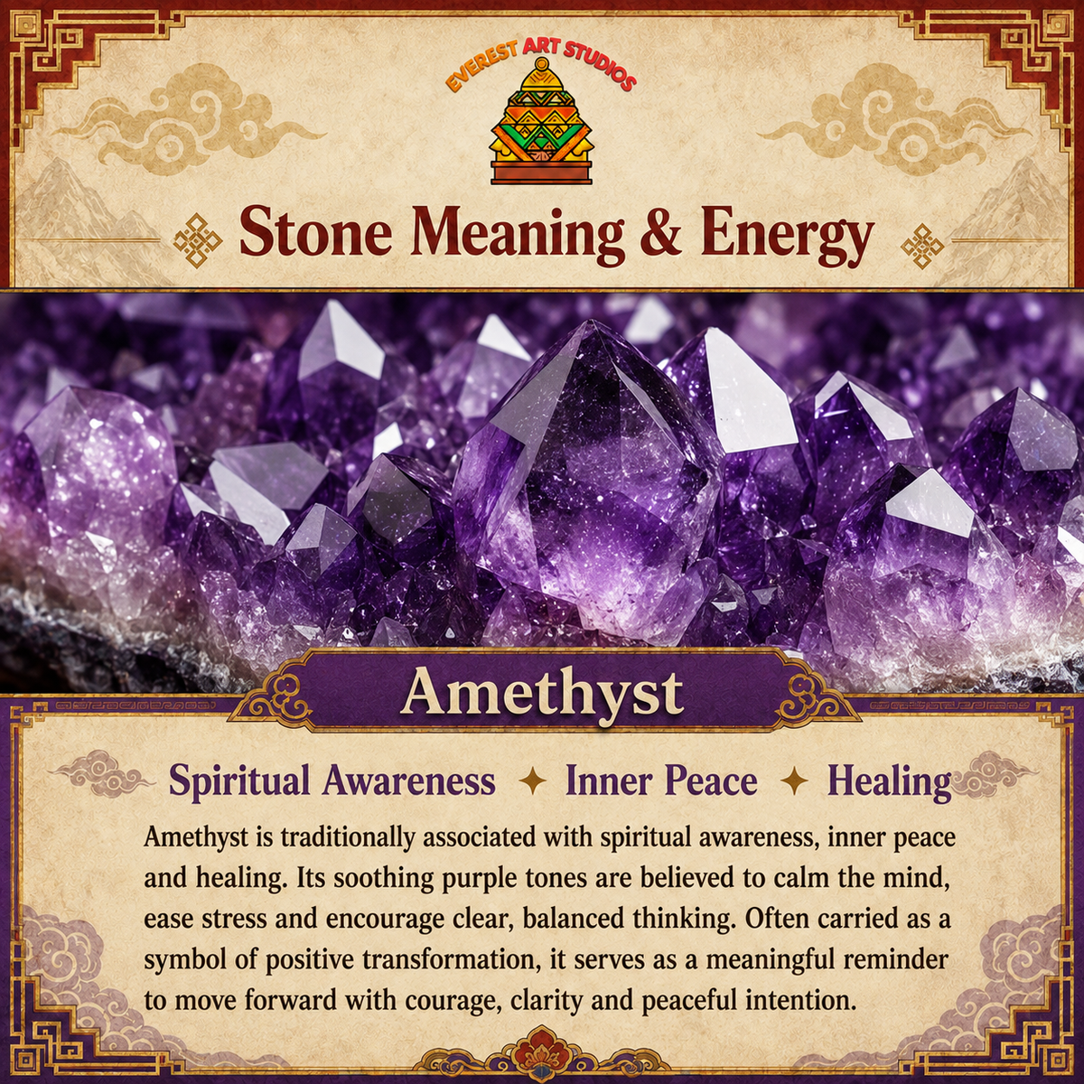 EverestArtstudios Amethyst stone meaning and energy: spiritual awareness, inner peace, and healing