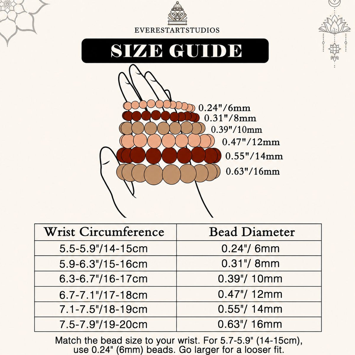 EverestArtstudios Size Guide — Bead Diameter and Wrist Circumference