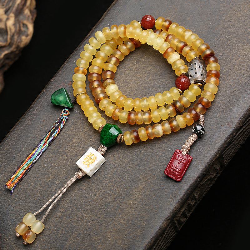 EverestArtstudios Golden Armor Disc-Bead Mala with Agate Accents