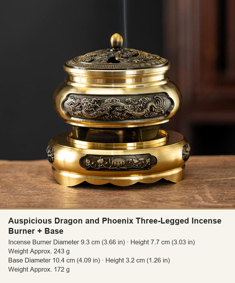 Auspicious Dragon and Phoenix Three-Legged Incense Burner + Base