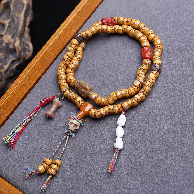 EverestArtstudios Xingyue Bodhi 108-Bead Mala with Yak Bone and Red Agate Accents