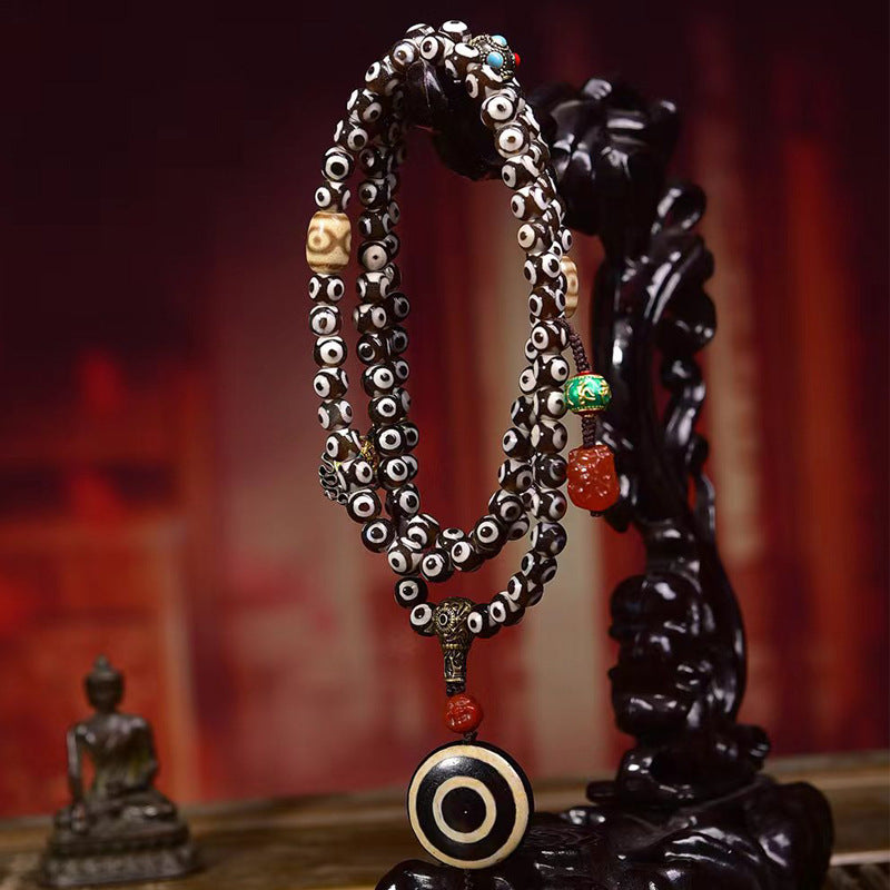 EverestArtstudios Natural Three-Eye Dzi and Red Agate 108-Bead Tibetan Mala
