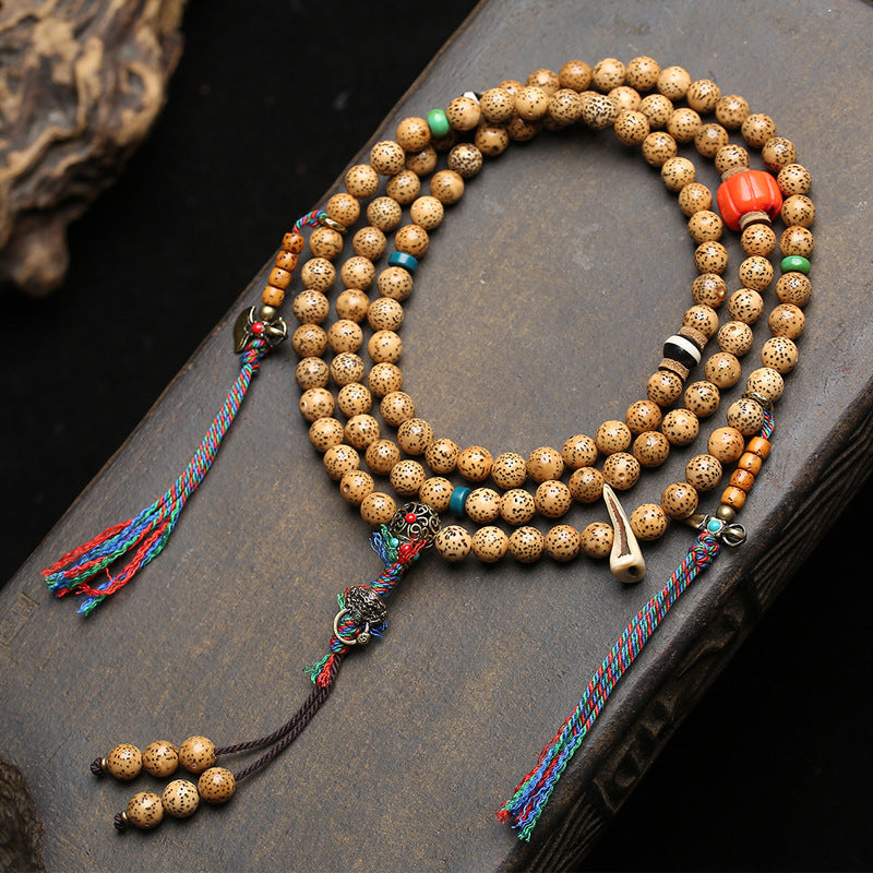 EverestArtstudios Textured Xingyue Bodhi 108-Bead Mala with Coral and Yak Bone Accents