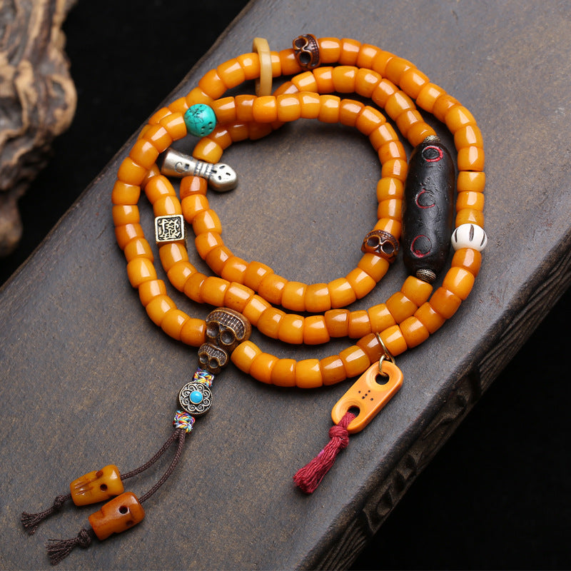EverestArtstudios Bone 108-Bead Mala with Carved Yak Bone Accents