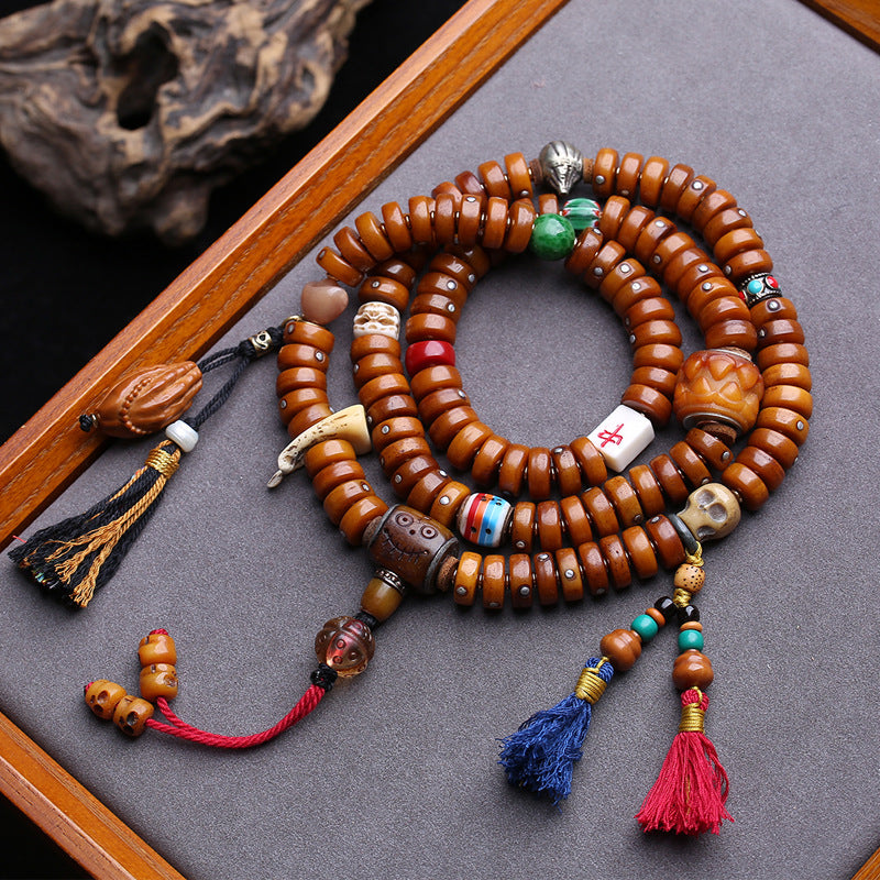 EverestArtstudios Metal-Inlaid Yak Bone 108-Bead Mala with Glass Accents
