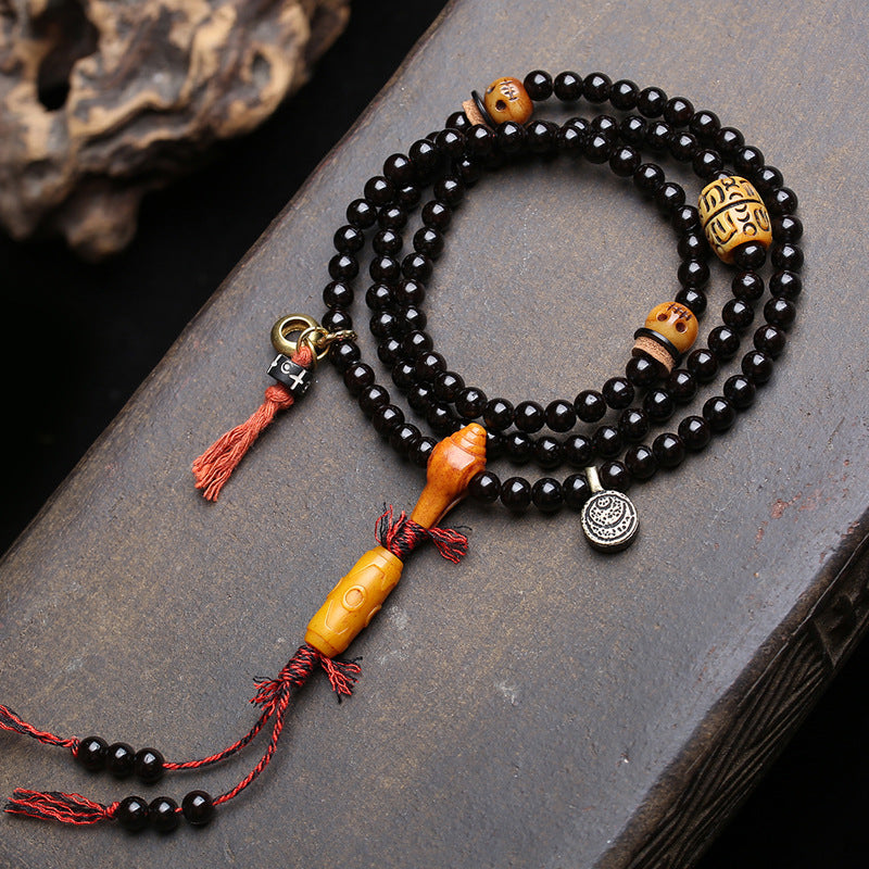 EverestArtstudios Coconut 108-Bead Mala with Three-Eye Dzi-Style and Bone Accents
