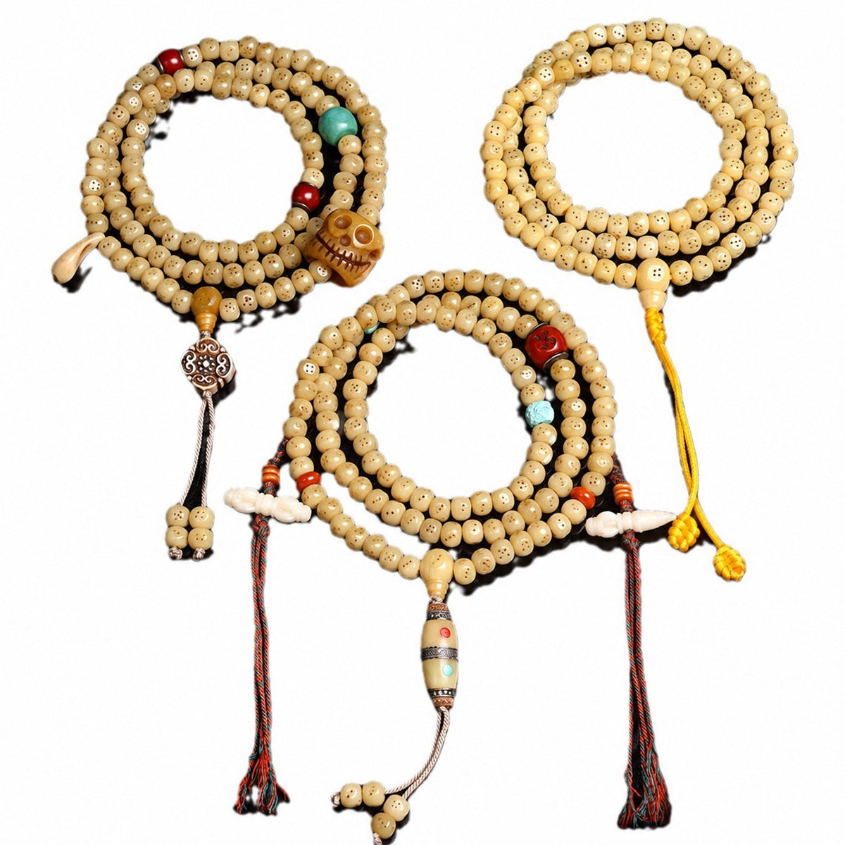 EverestArtstudios Natural Golden-Yellow Camel Bone 108-Bead Mala with Carved Dice