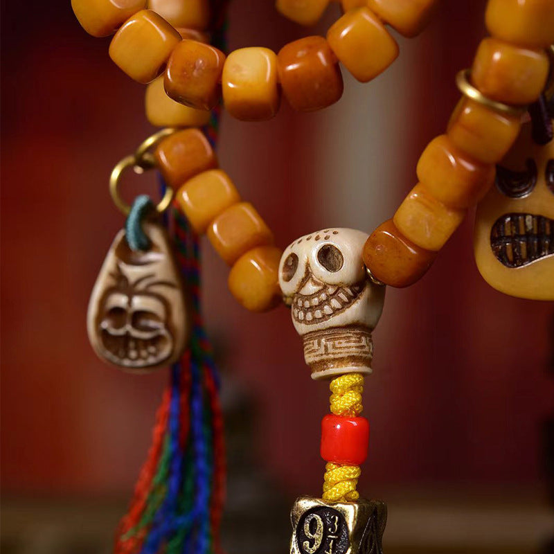 EverestArtstudios Tibetan Vintage Bone Carved Square-Bead 108-Bead Mala