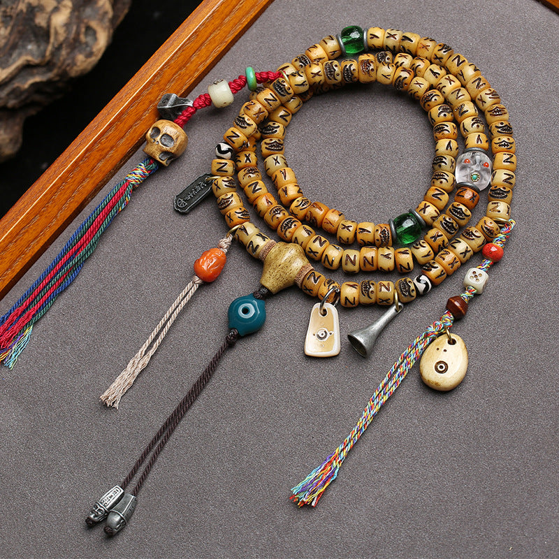 EverestArtstudios Carved Yak Bone 108-Bead Mala with Camel Bone, Glass and Agate Accents
