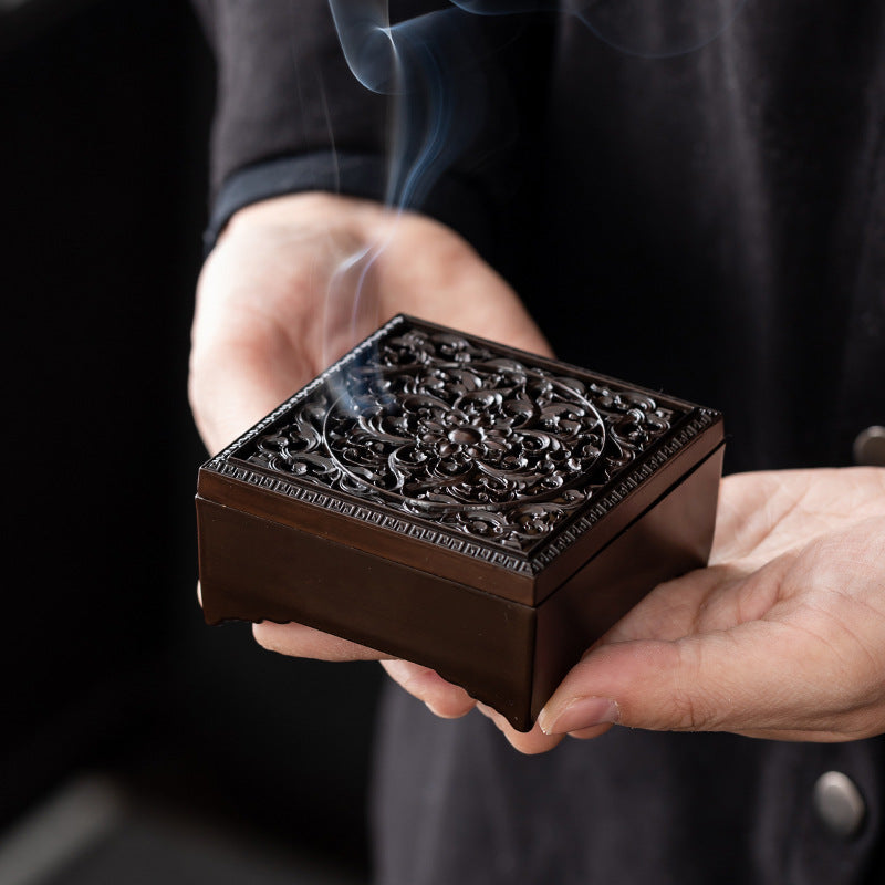 Chinese retro hollow rolled square plate incense box Zen aromatherapy stove household indoor creative sandalwood tea ceremony ornament