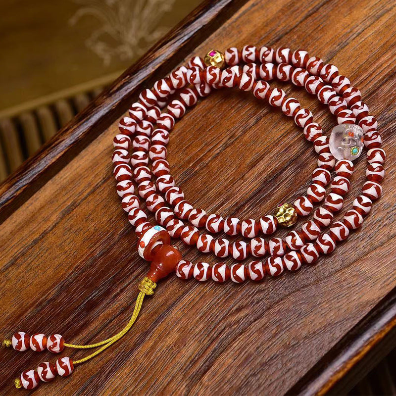 EverestArtstudios Natural Tiger-Tooth Dzi and Amethyst 108-Bead Tibetan Mala