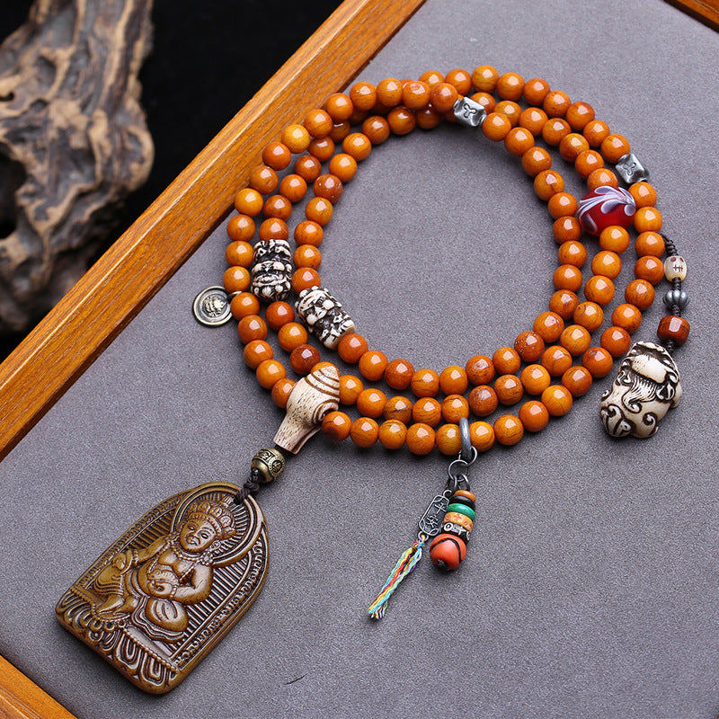 EverestArtstudios 108-Bead Mala with Wealth Deity Pendant and Yak Bone Accents