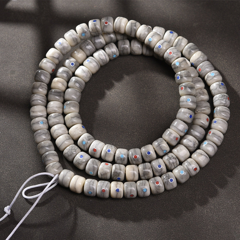 EverestArtstudios Aged Camel Bone Inlaid Multi-Treasure 108-Bead DIY Strand