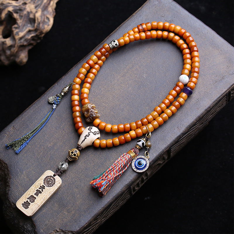 EverestArtstudios Bone 108-Bead Mala with Blessing Pendant and Bird Motif Charms