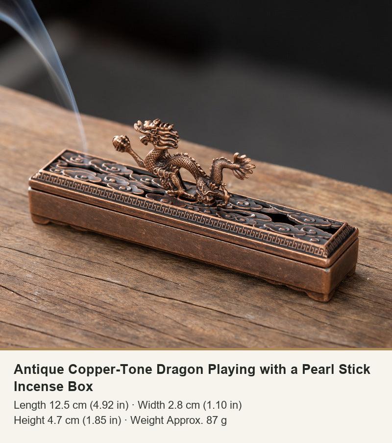 Antique Copper-Tone Dragon Playing with a Pearl Stick Incense Box