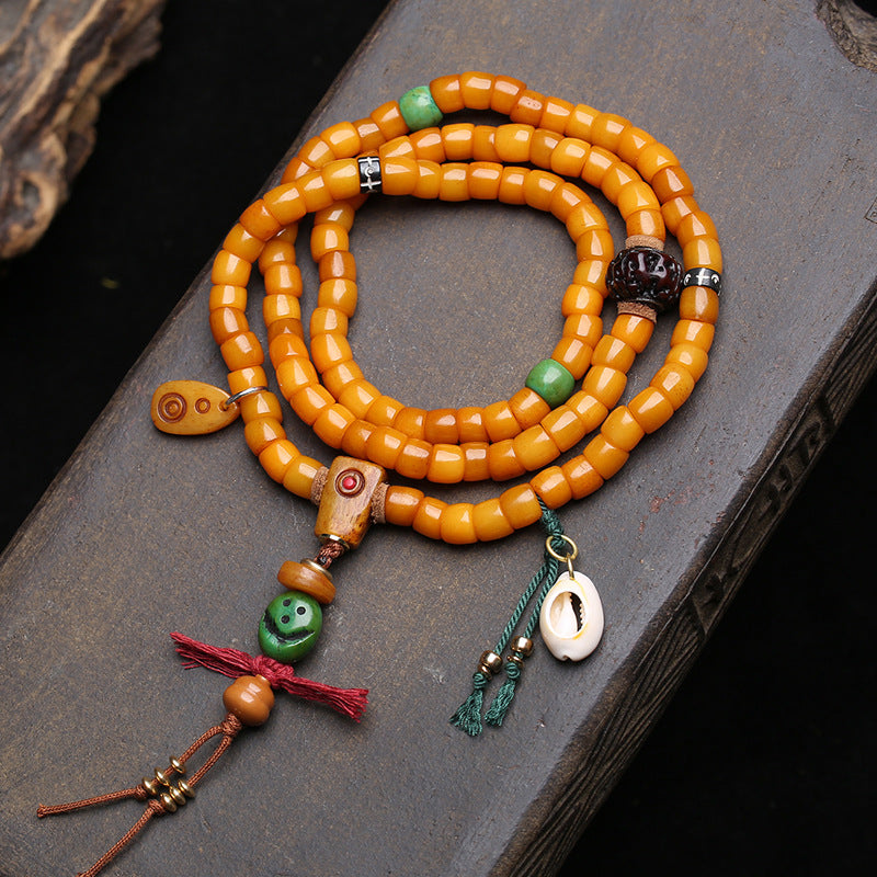 EverestArtstudios Yak Bone 108-Bead Mala with Vajra Bodhi and Camel Bone Accents