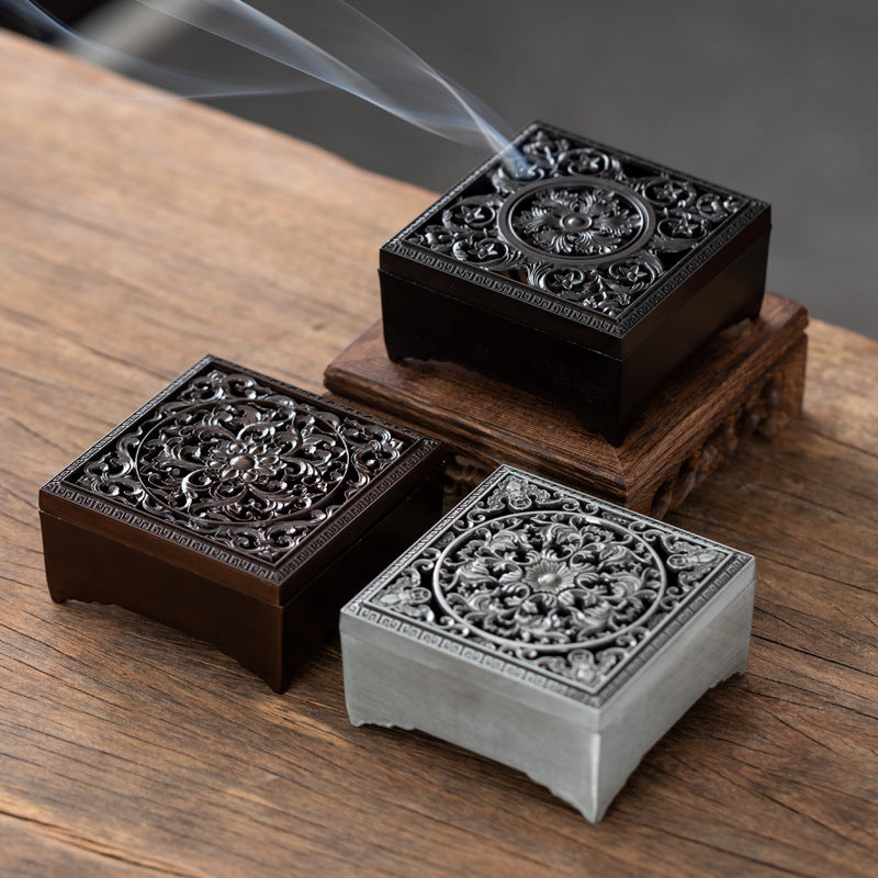 Chinese retro hollow rolled square plate incense box Zen aromatherapy stove household indoor creative sandalwood tea ceremony ornament
