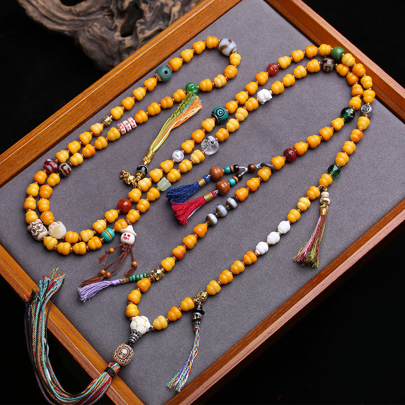 EverestArtstudios Carved Bone Mala with Gourd and Dzi-Style Agate Accents