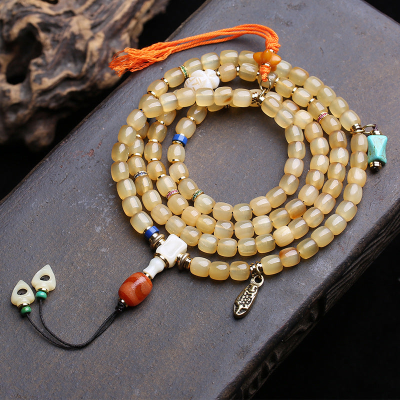 EverestArtstudios Bone 108-Bead Mala with Glass, Agate and Tassel Accents
