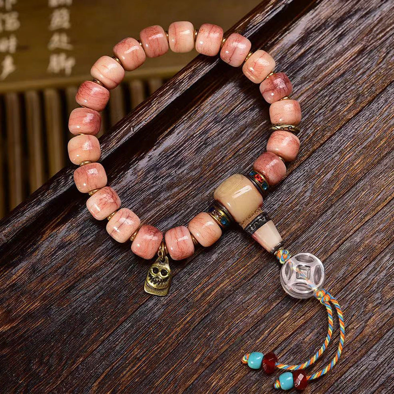 EverestArtstudios Camel Bone Blush Barrel Bead Crystal Accent Bracelet