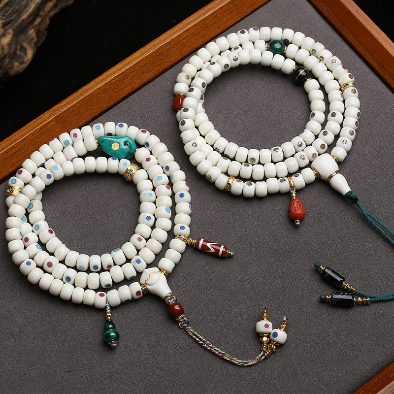 EverestArtstudios Inlaid Deer Bone 108-Bead Mala with Agate and Coconut Accents