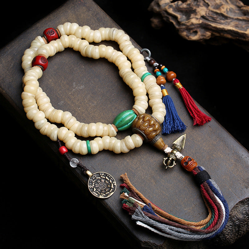 EverestArtstudios Camel Bone 108-Bead Mala with Bagua Motif and Tassels
