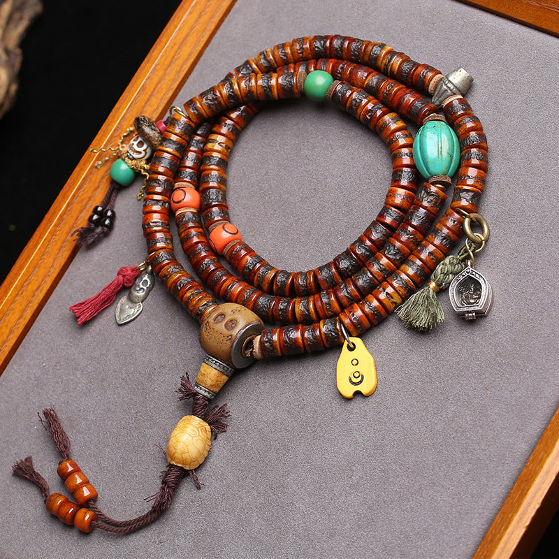 EverestArtstudios Yak Bone 108-Bead Mala with Ghau Pendant and Hanging Charm