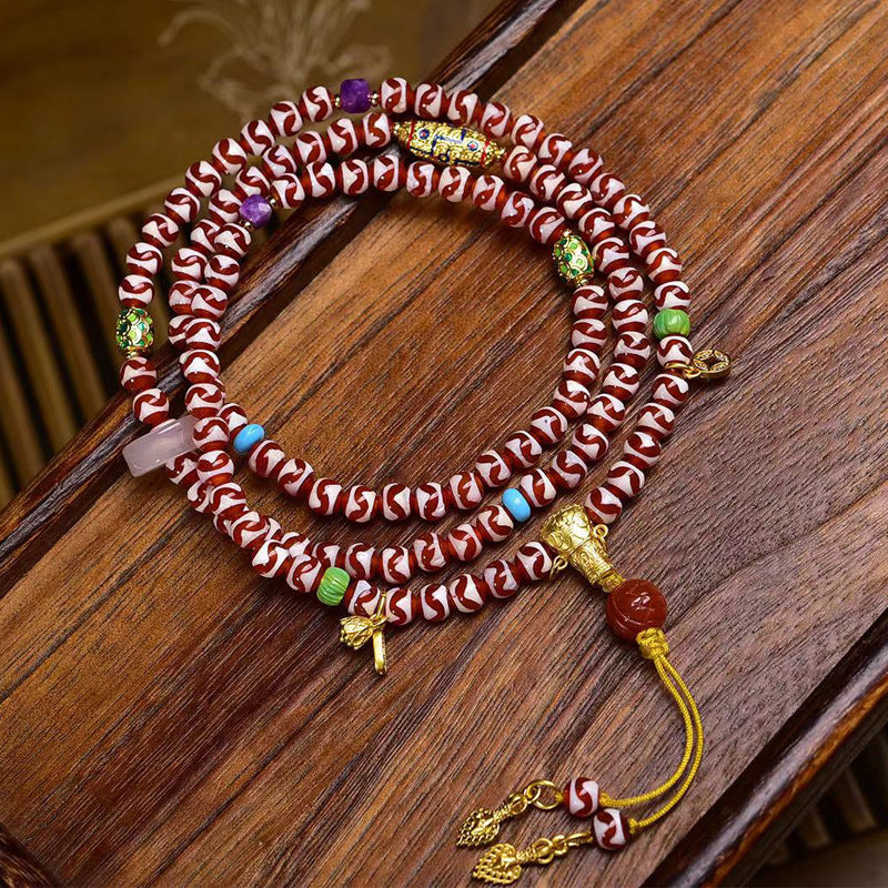 EverestArtstudios Natural Tiger-Tooth Dzi and Amethyst 108-Bead Tibetan Mala