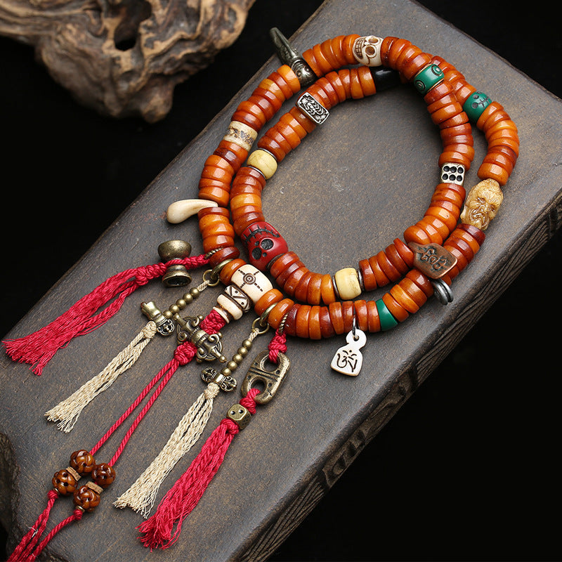 EverestArtstudios Bone 108-Bead Mala with Carved and Metal-Tone Accents