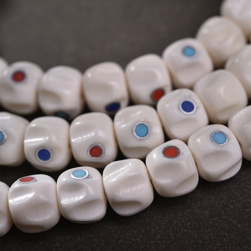EverestArtstudios Carved Yak Bone and Passion Seed Inlaid 108-Bead DIY Strand