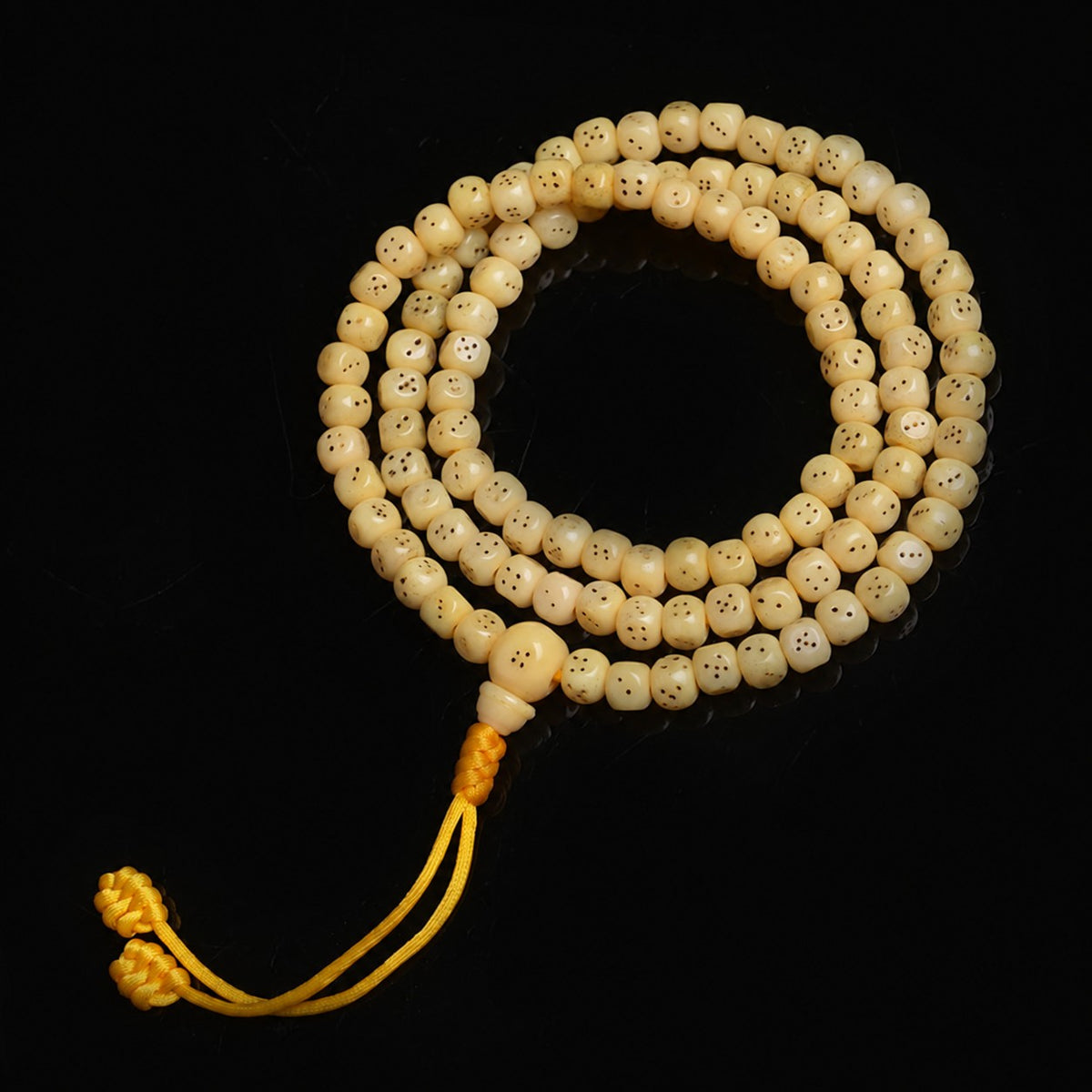 EverestArtstudios Natural Golden-Yellow Camel Bone 108-Bead Mala with Carved Dice