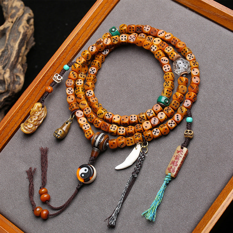EverestArtstudios Dice-Carved Yak Bone 108-Bead Mala with Camel Bone Accents