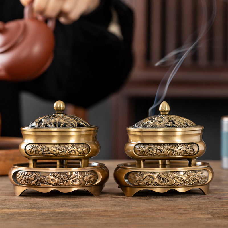 Manufacturer wholesale three-legged dragon and phoenix plate incense burner creative retro alloy sandalwood plate incense burner household aromatherapy burner ornament