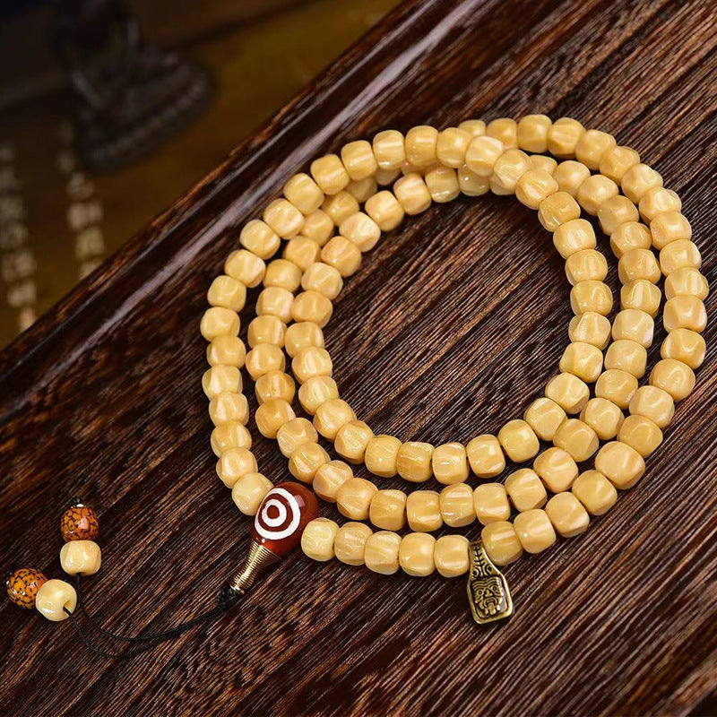 EverestArtstudios Natural Carved Deer Bone and Passion Seed 108-Bead Mala