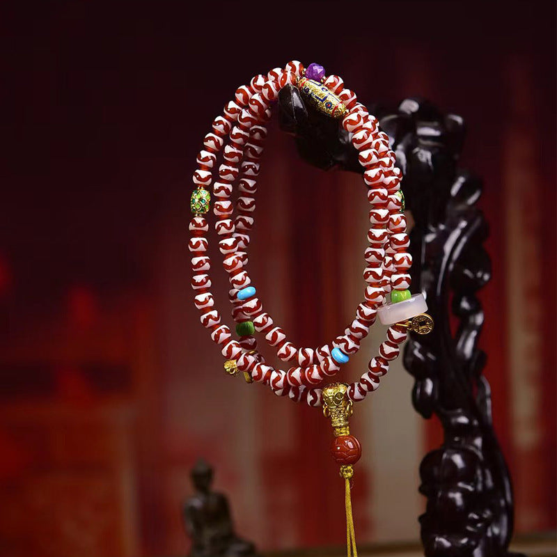 EverestArtstudios Natural Tiger-Tooth Dzi and Amethyst 108-Bead Tibetan Mala