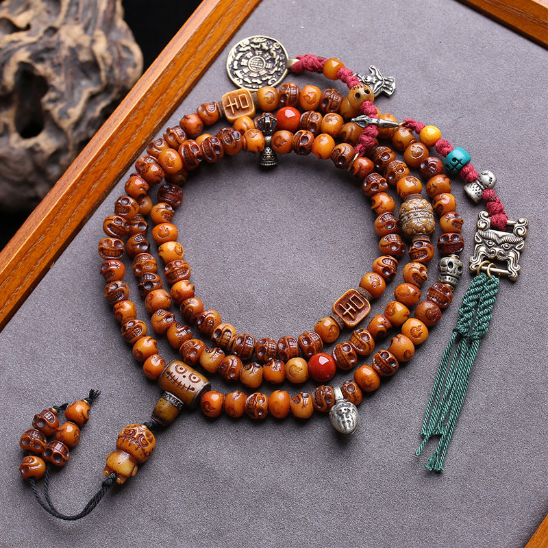 EverestArtstudios Carved Bone 108-Bead Mala with Yak Bone and Lotus Accents