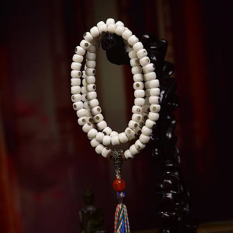 EverestArtstudios Natural Yak Bone Antique Copper Auspicious Wan 108-Bead Mala