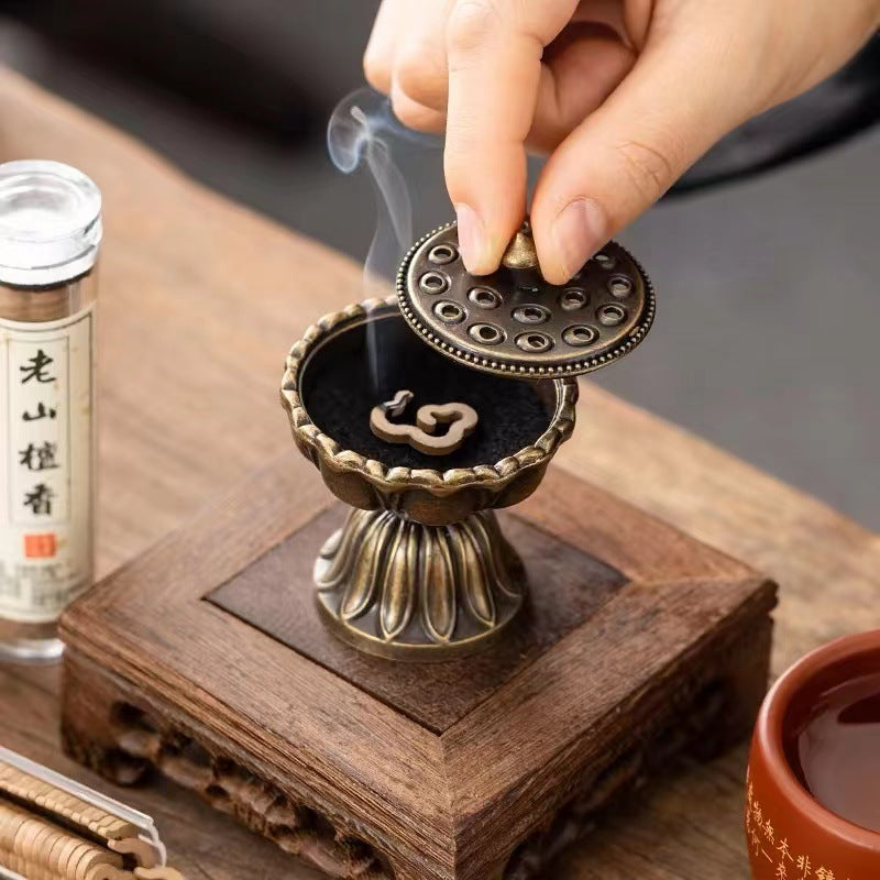 Lotus copper incense burner metal incense seal household indoor antique mini Baolian lamp sandalwood plate incense burner Chinese aromatherapy burner