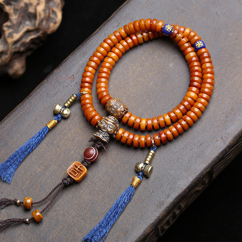 EverestArtstudios Yak Bone 108-Bead Mala with Lotus and Vajra Bodhi Accents