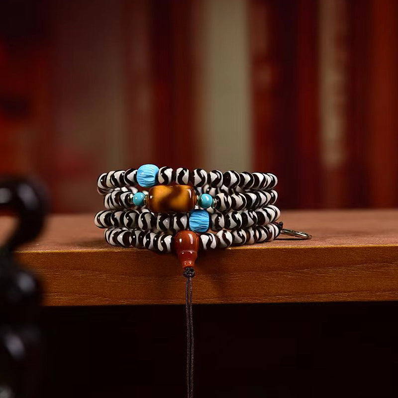 EverestArtstudios Natural Agate Tiger-Tooth Dzi 108-Bead Mala with Red Agate and Clear Quartz