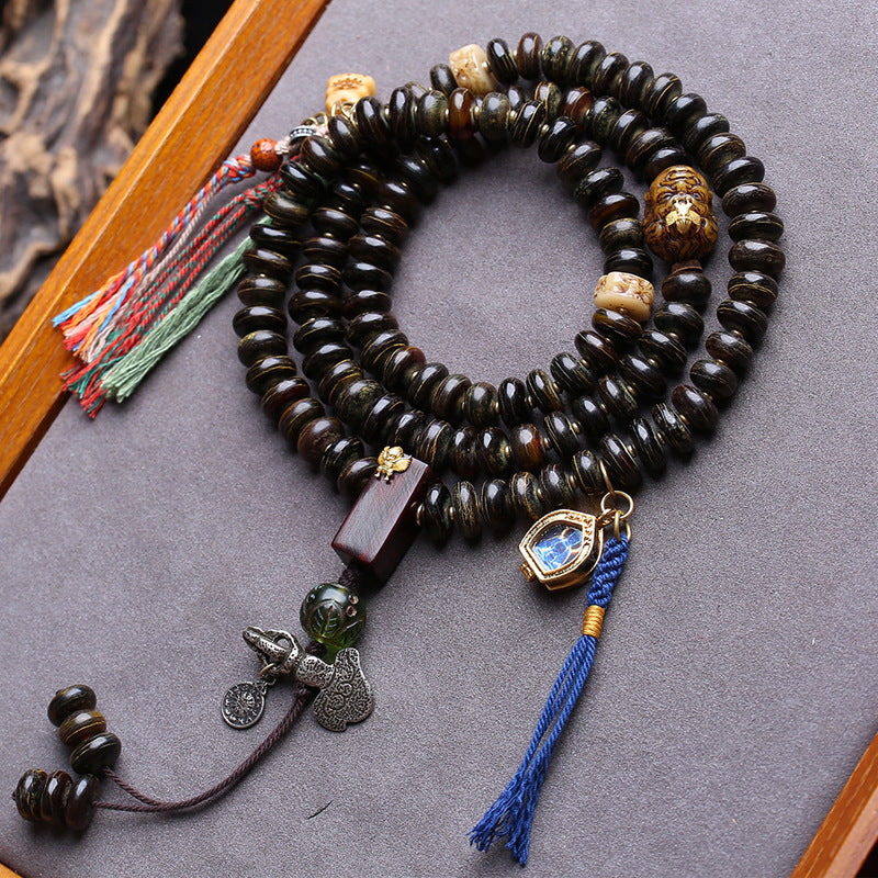 EverestArtstudios Bamboo-Pattern Bone 108-Bead Mala with Sandalwood Accents