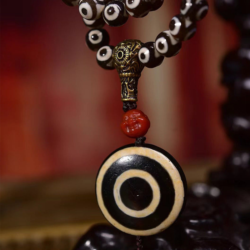 EverestArtstudios Natural Three-Eye Dzi and Red Agate 108-Bead Tibetan Mala