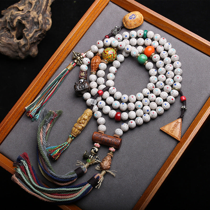 EverestArtstudios Inlaid Xingyue Bodhi 108-Bead Mala with Lacquer and Glass Accents