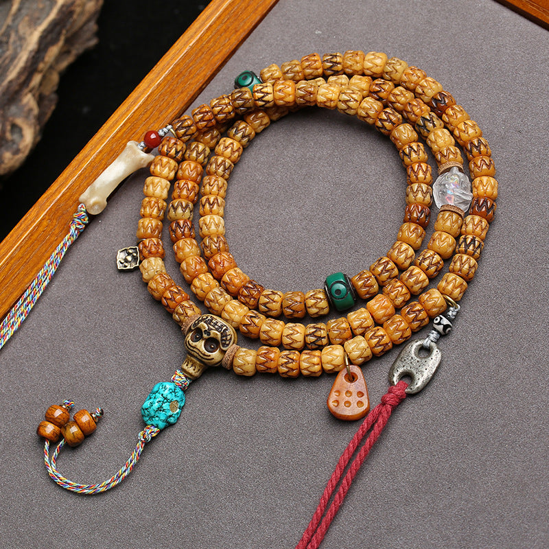 EverestArtstudios Carved Bone 108-Bead Mala with Turquoise and Glass Accents