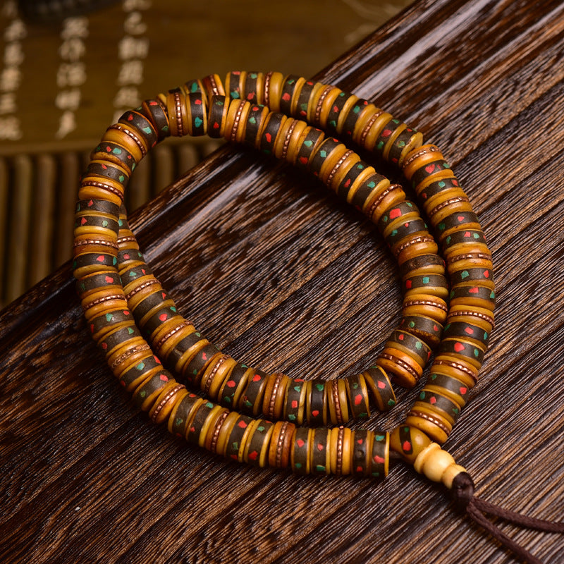 EverestArtstudios Aged Tibetan Yak Bone Inlaid Multi-Treasure 108-Bead DIY Strand