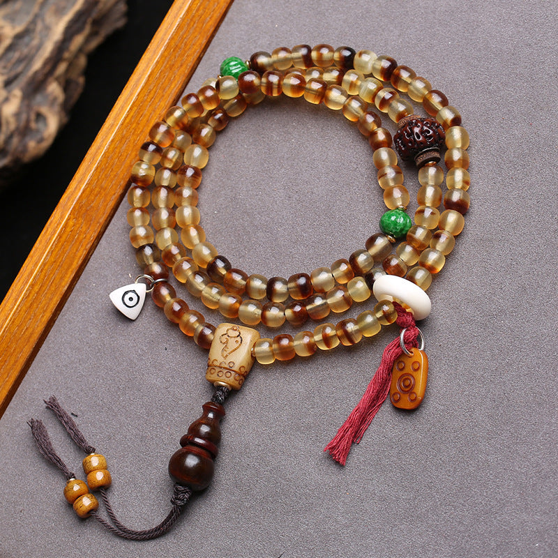 EverestArtstudios Golden Armor Barrel-Bead Mala with Vajra Bodhi and Horn Accents